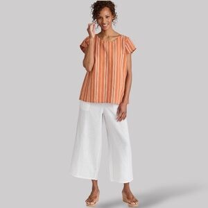 FLAX 100% Linen Sociable Flood Wide Leg Linen Pants w/ Side Pockets Pull On Sz L